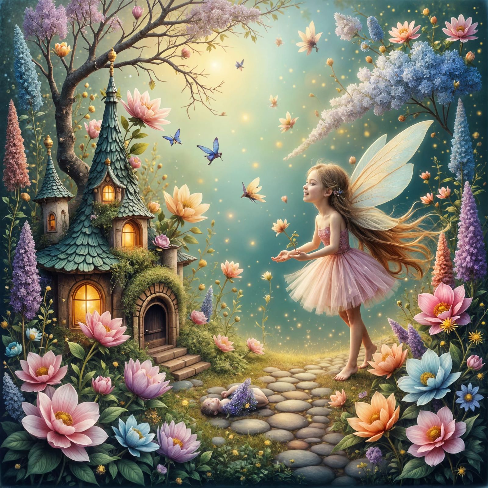 Charming Tiny Fairy Village with Colorful Flowers