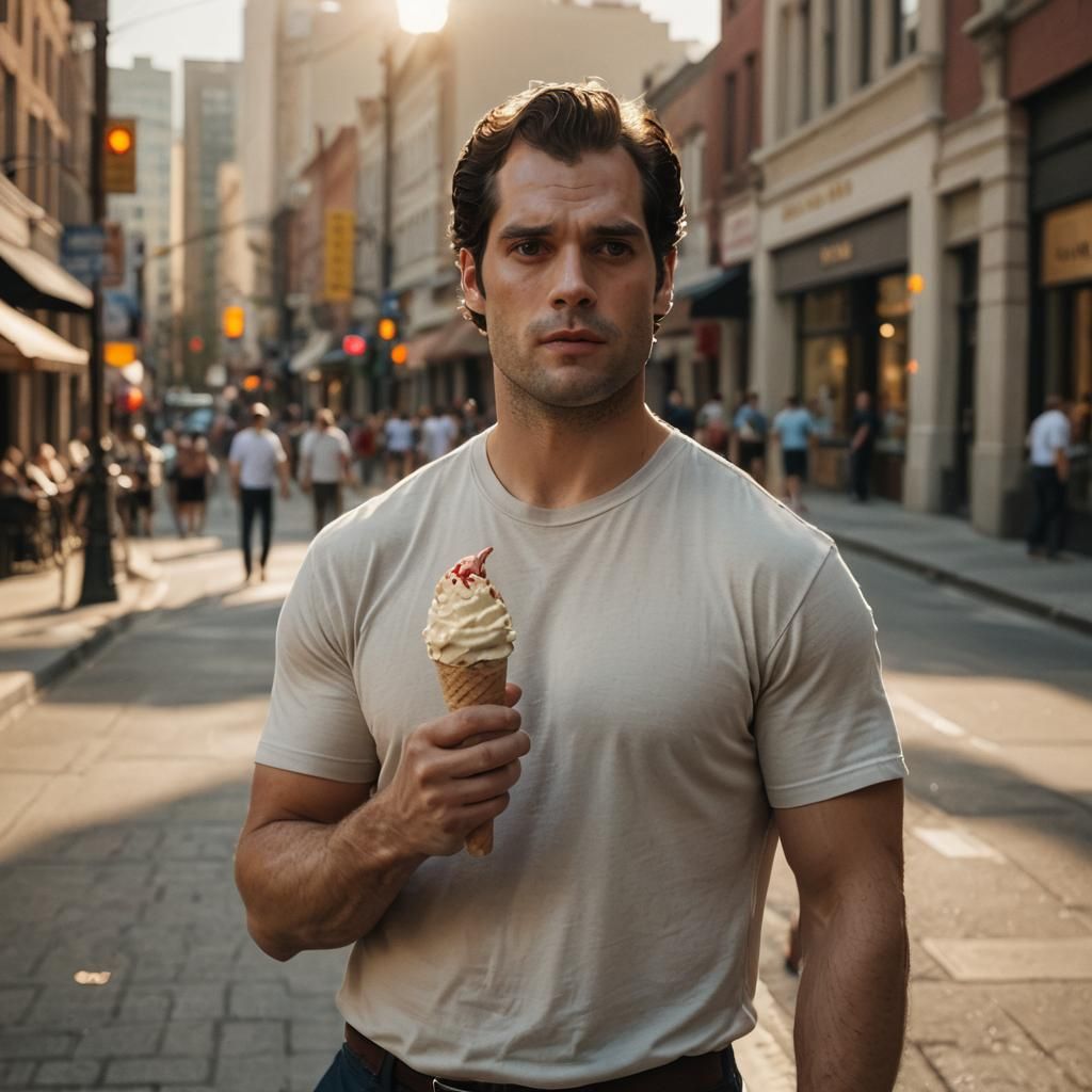 Henry Cavill Eating Ice Cream: Cinematic Film Still