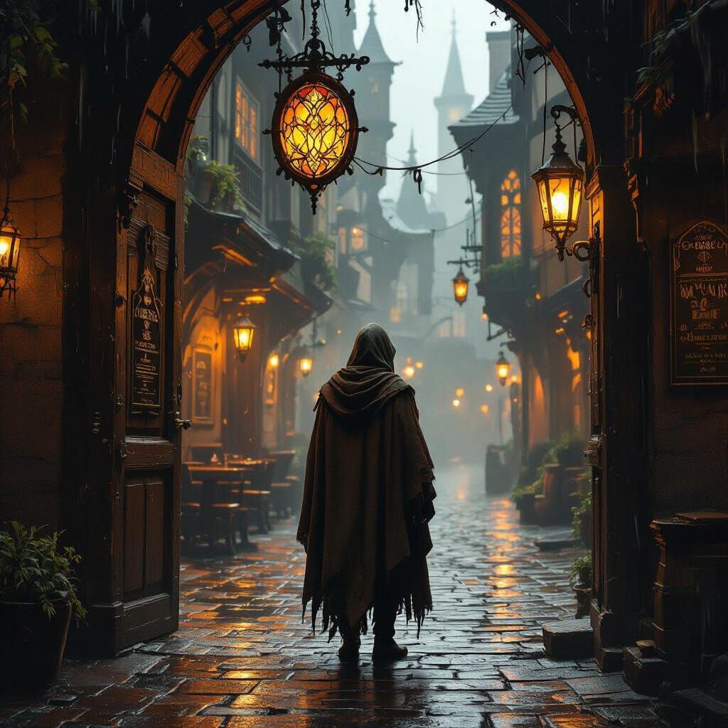 Ancient City Tavern Entrance with Hooded Wanderer