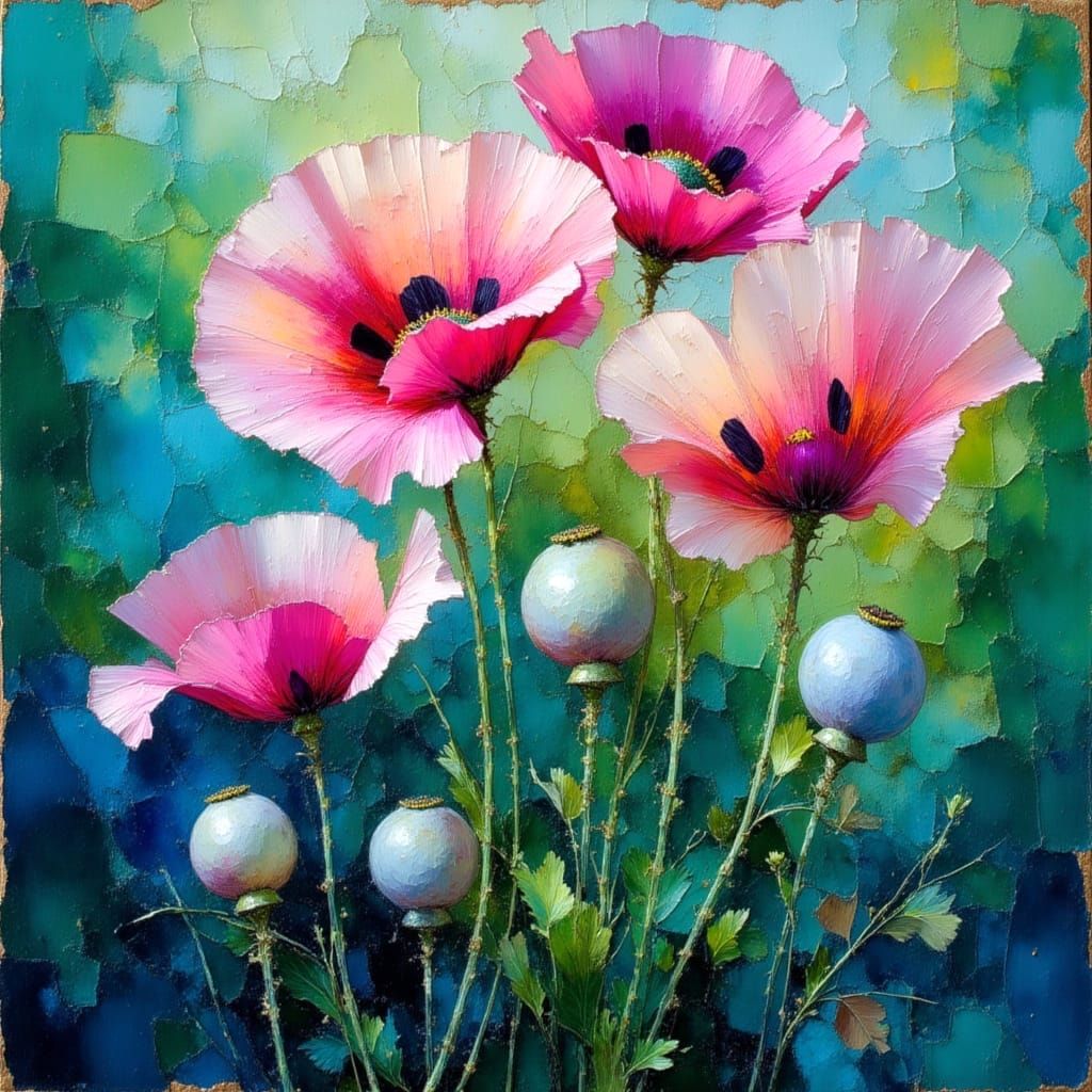 Poppy Flowers with Crinkled Petals as Impasto Oil Painting