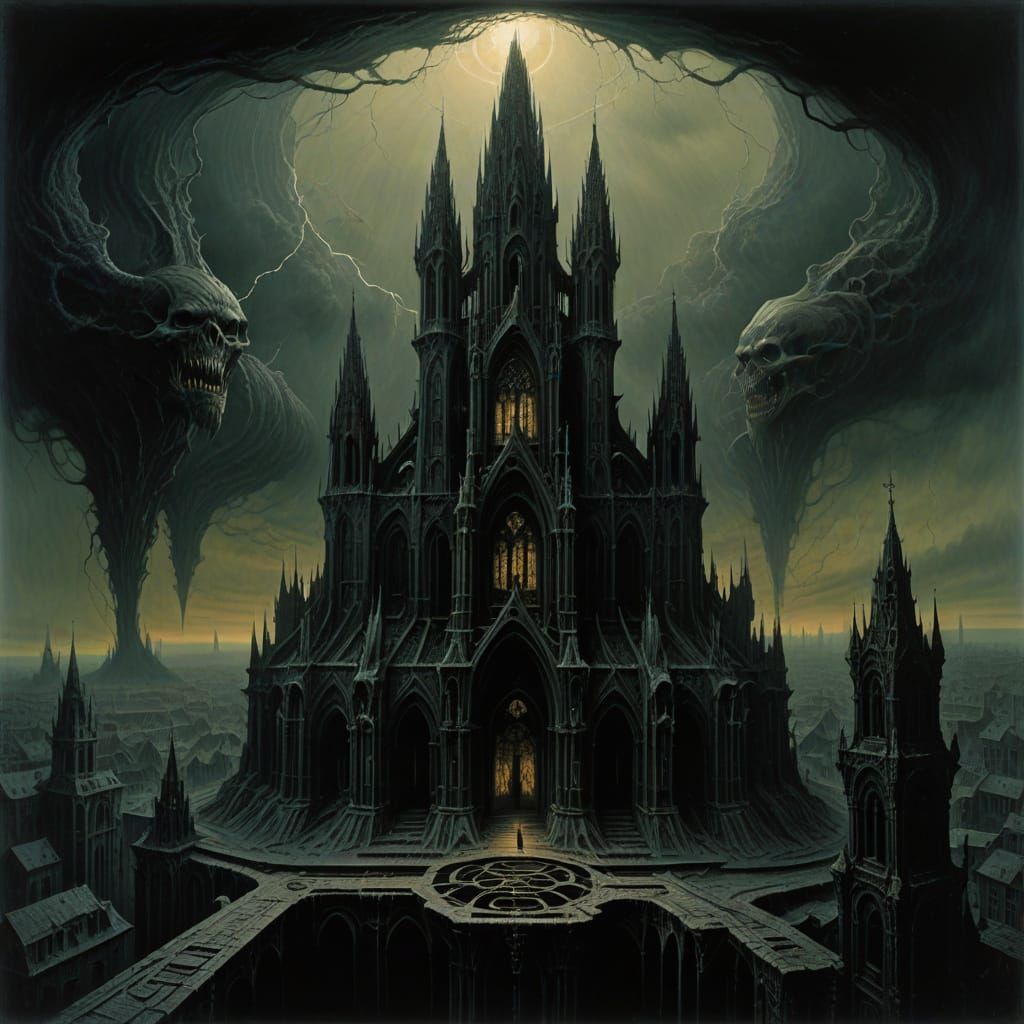 Gothic Cathedral Reaches for the Heavens in Stormy Darkness