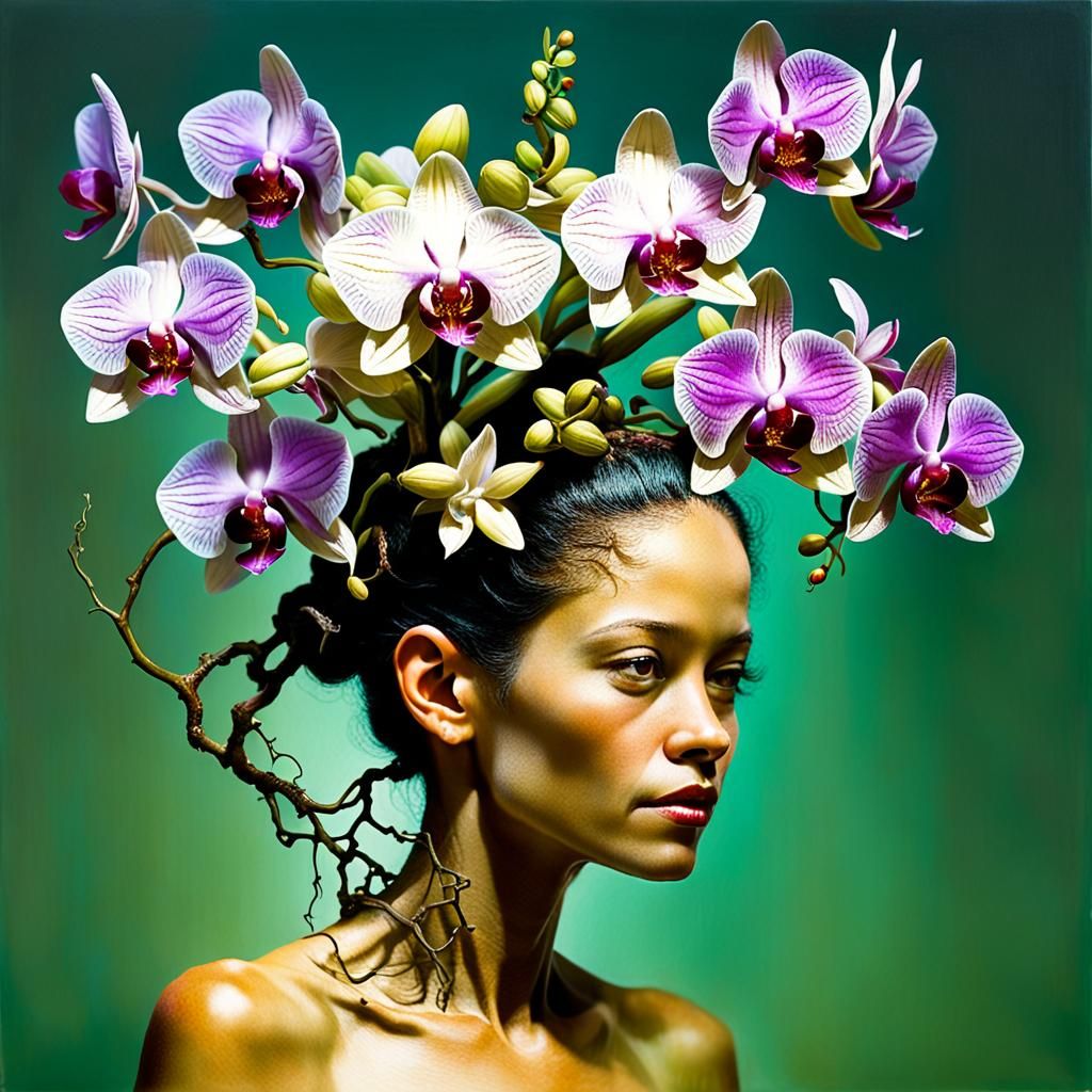 Surreal Woman with Orchids: Bio Art Experiment