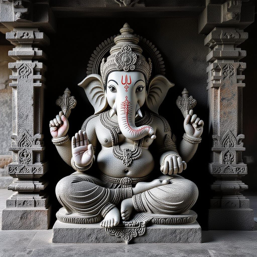 Granite Sculpture of Lord Ganesha in Temple Setting