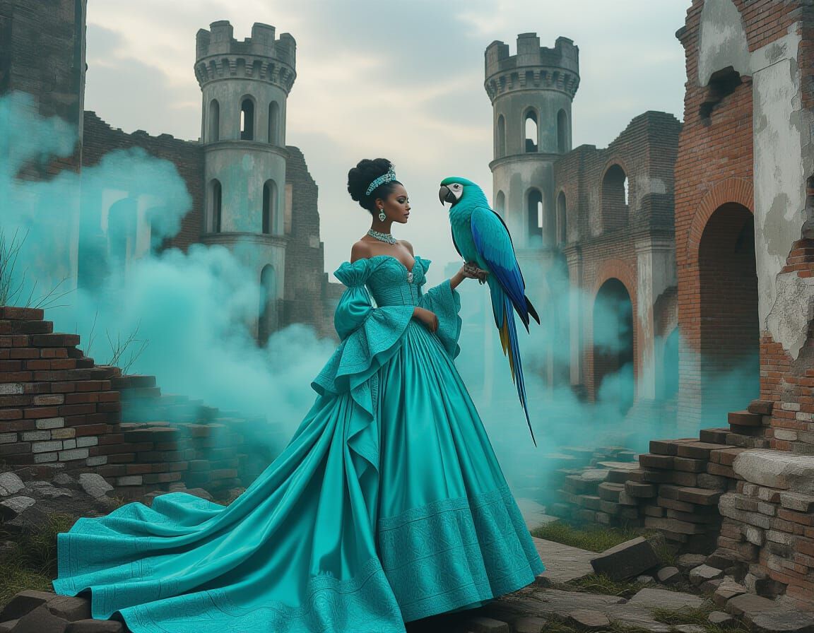 Woman with Parrot in Castle Ruins, Surreal Photorealism
