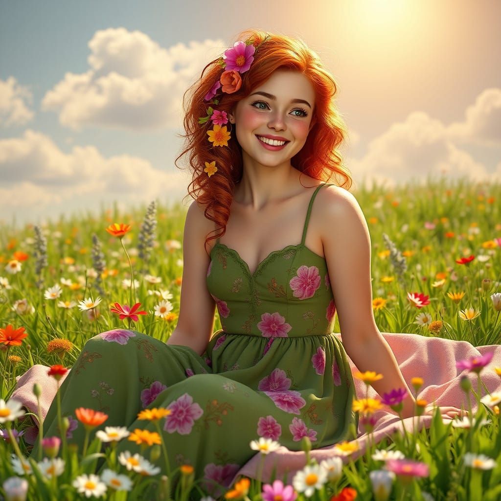 Whimsical Springtime Tradwife in Vibrant Meadow