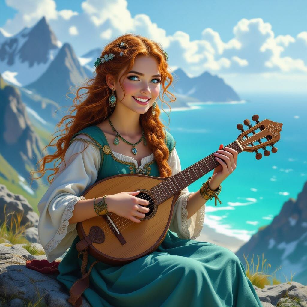 Norse Woman Playing Lyre with Hyperrealistic Detail