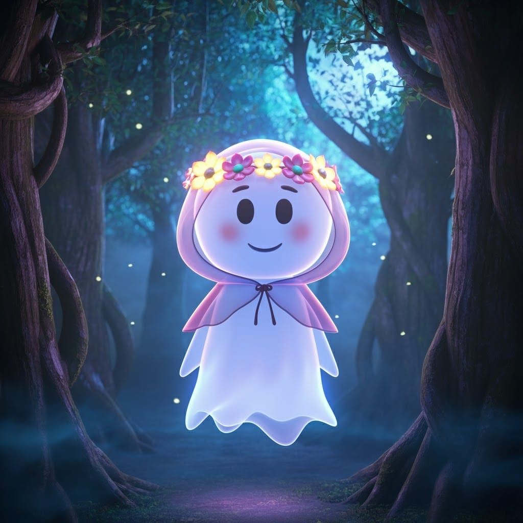 Adorable Ghost in Misty Forest: 3D Anime Art