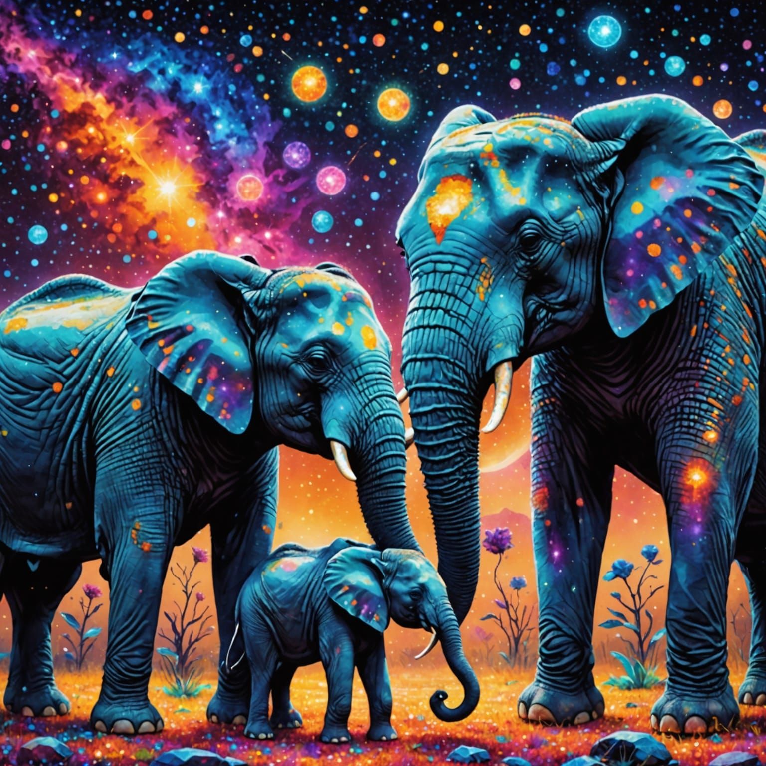 Rare Twin Elephants Born in Vibrant Cosmic Illustration