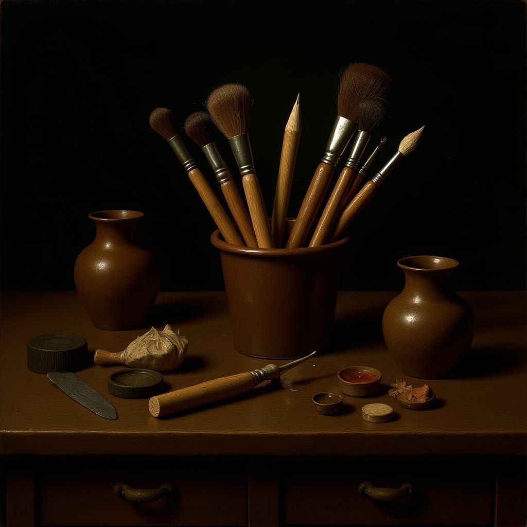 Artistic Tools in Dramatic Light, Dutch Golden Age Style