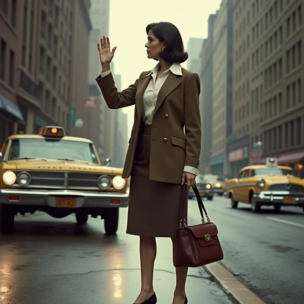 A 1960s Office Secretary Waves at a Taxi in Chicago's Gritty...