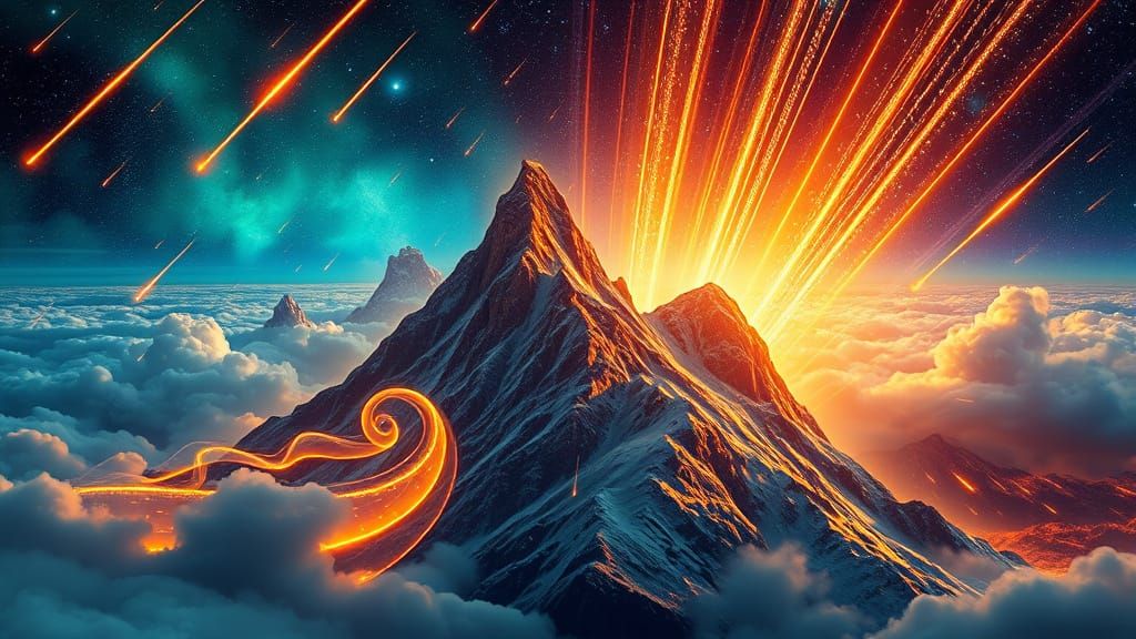 Ethereal Mountain Landscape with Glittering Veins and Meteor...