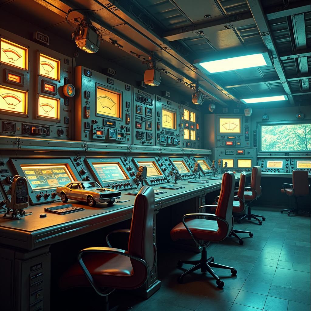 Retro-Futuristic Soviet Control Room with Muscle Car Detail