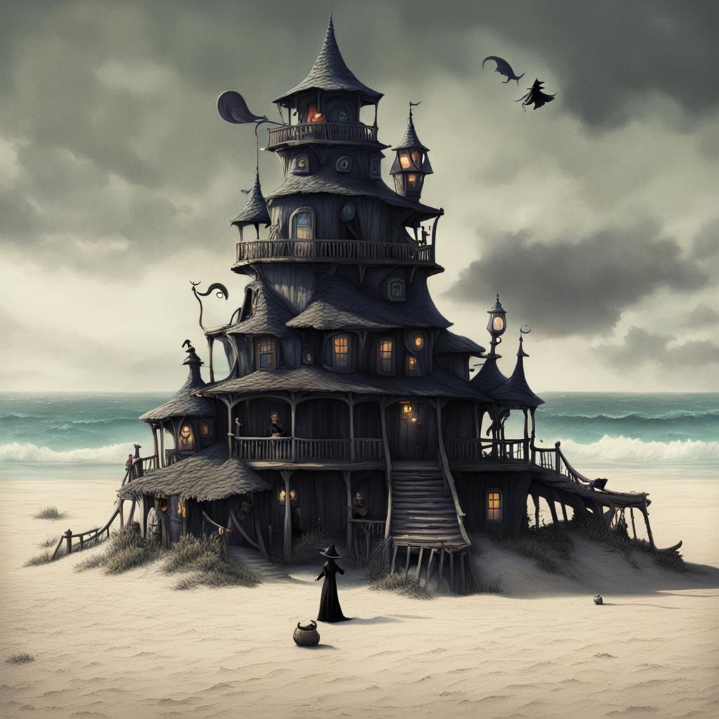 Dark Fantasy Witch on Vacation in Animated Style