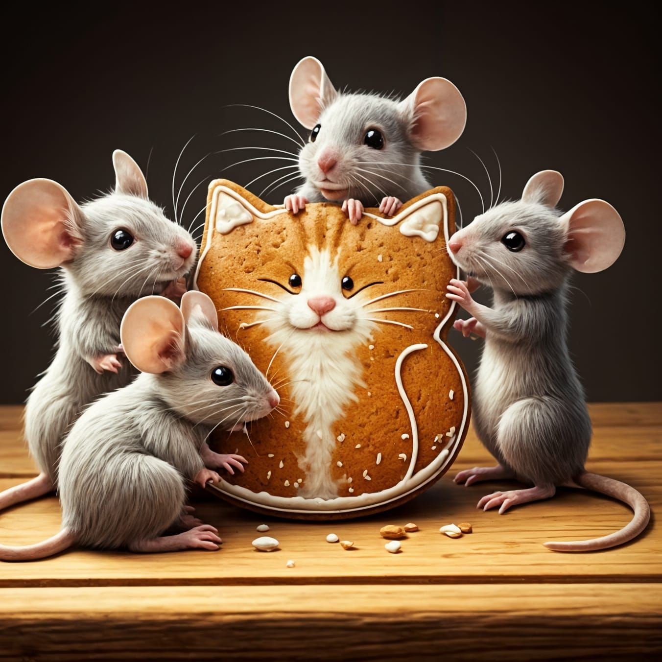 Whimsical Gingerbread Kitty Devoured by Mischievous Mice