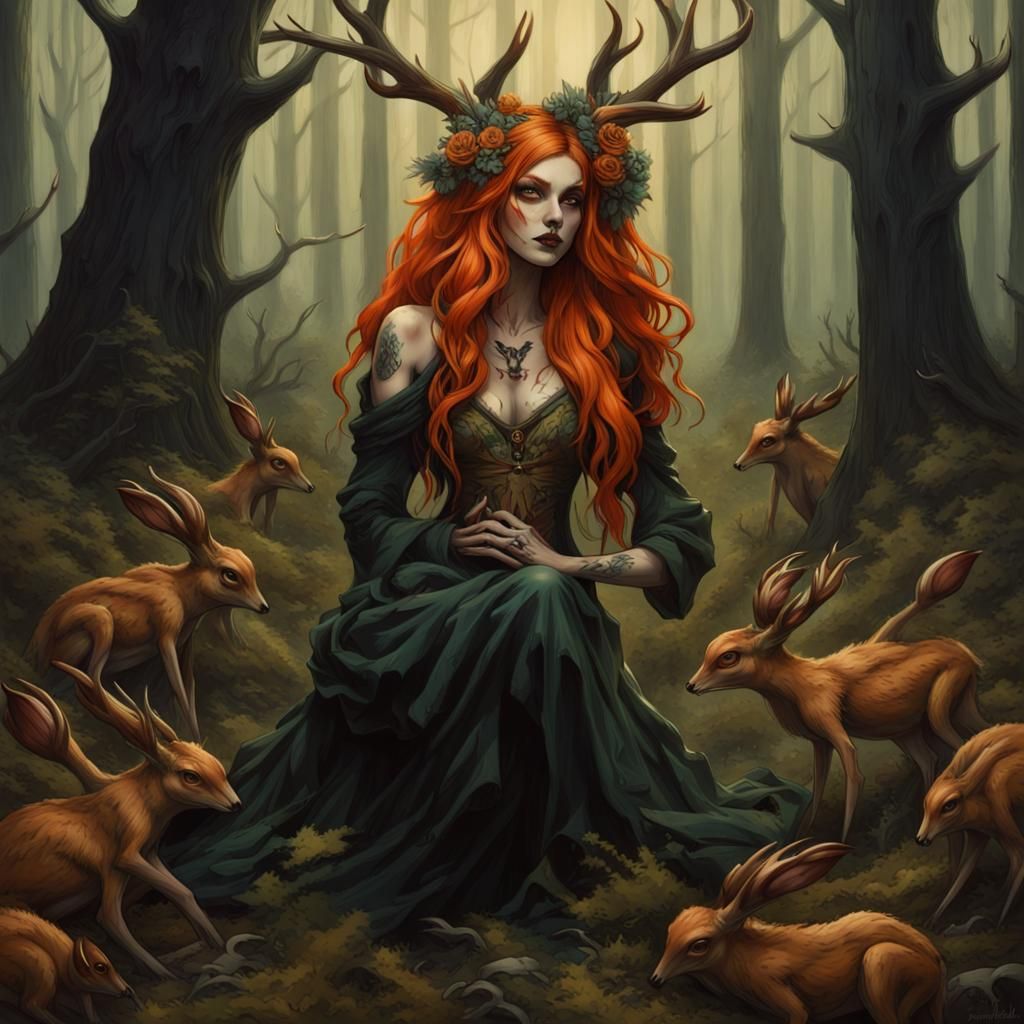 Sinister Fallen Aasimar Druid in Mushroom Forest