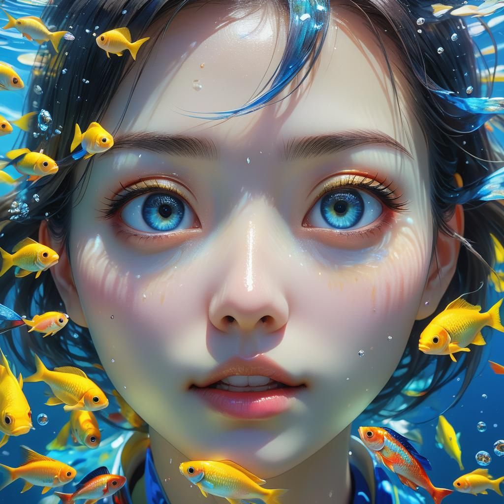 Dreamy Anime Girl with Fish in Hyper-Realistic Style