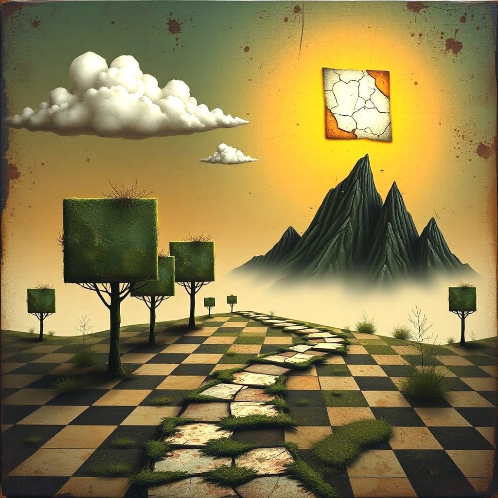 Surrealist Landscape of Deteriorating Squares in a Dreamlike...