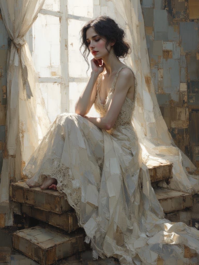 Woman in White Dress in Oil Painting Style