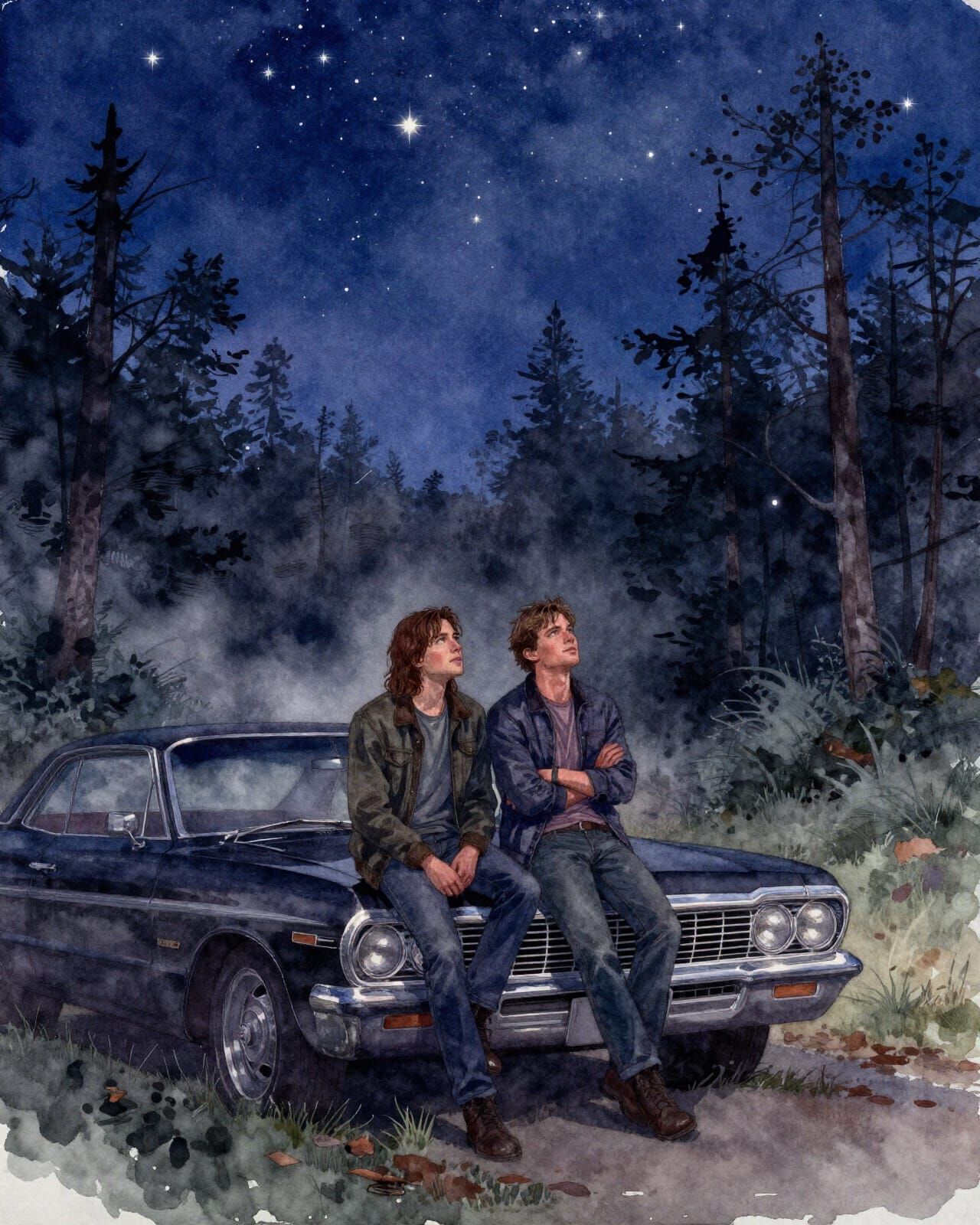 Supernatural Winchester Brothers in Watercolor Night Scene