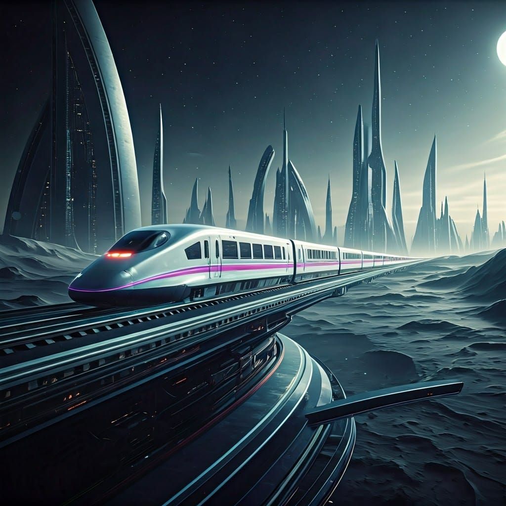 Lunar Rail Train Soars to the Moon Amidst a Cyberpunk Metrop...