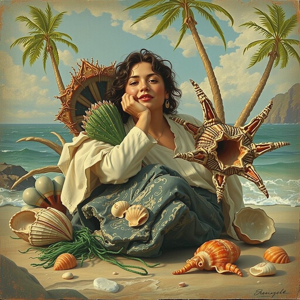Hyperrealistic Beach Scene with Palm Trees and Ocean Waves