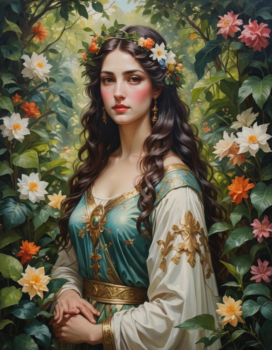 A beautiful young goddess in a lush garden, half body portrait, oil on canvas