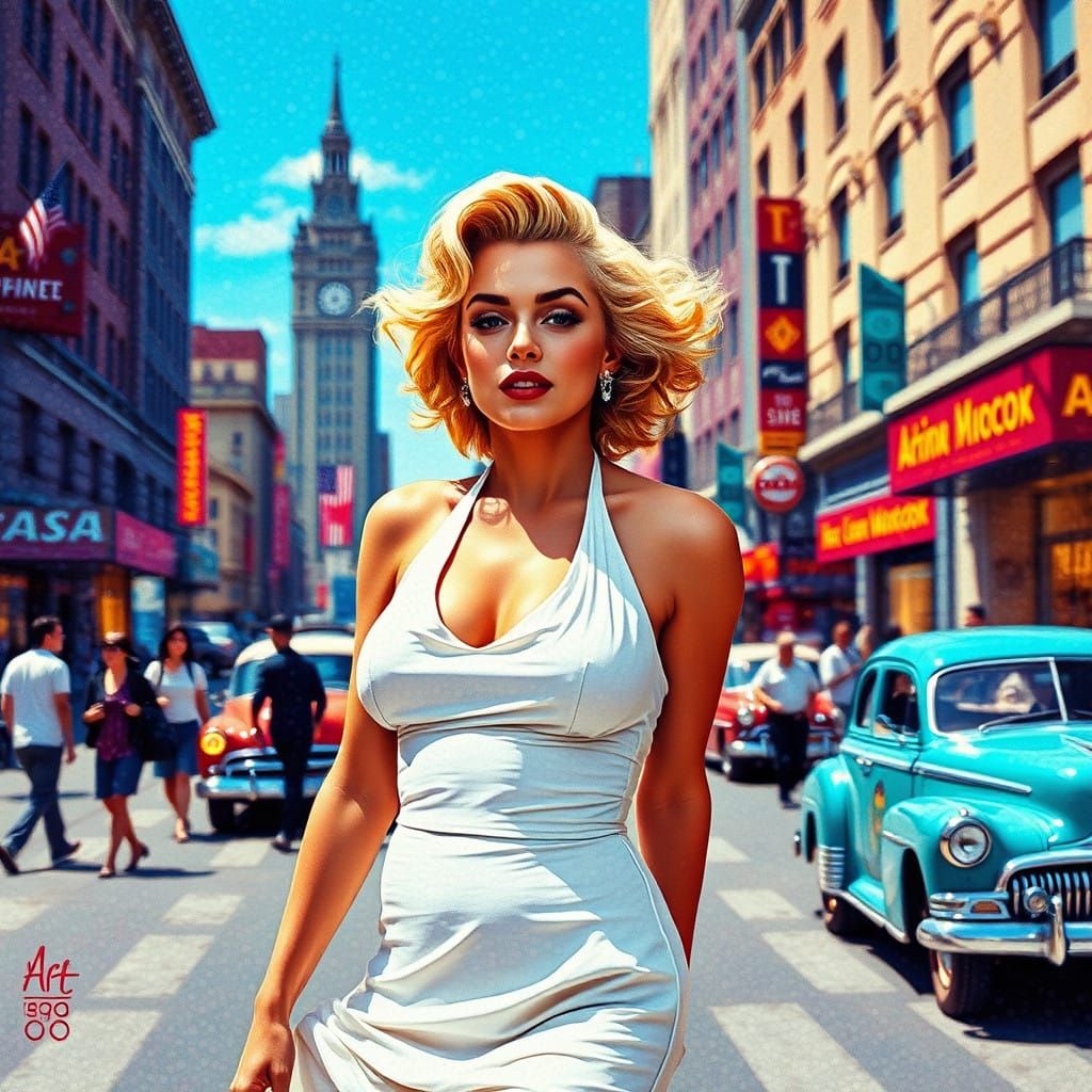 Pointillist Portrait of Marilyn Monroe in Elegant White Halt...