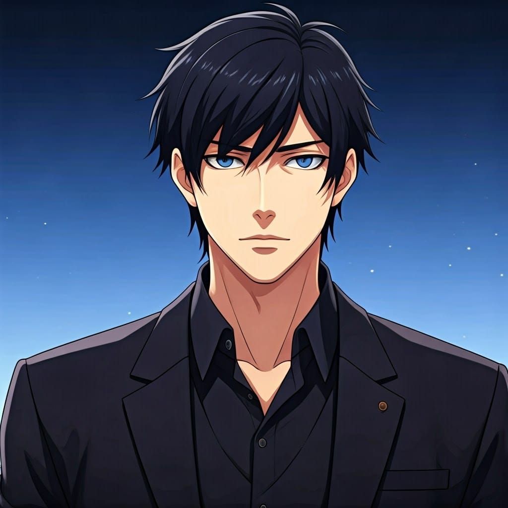 Handsome Anime Character in Black Suit, Studio Trigger Style