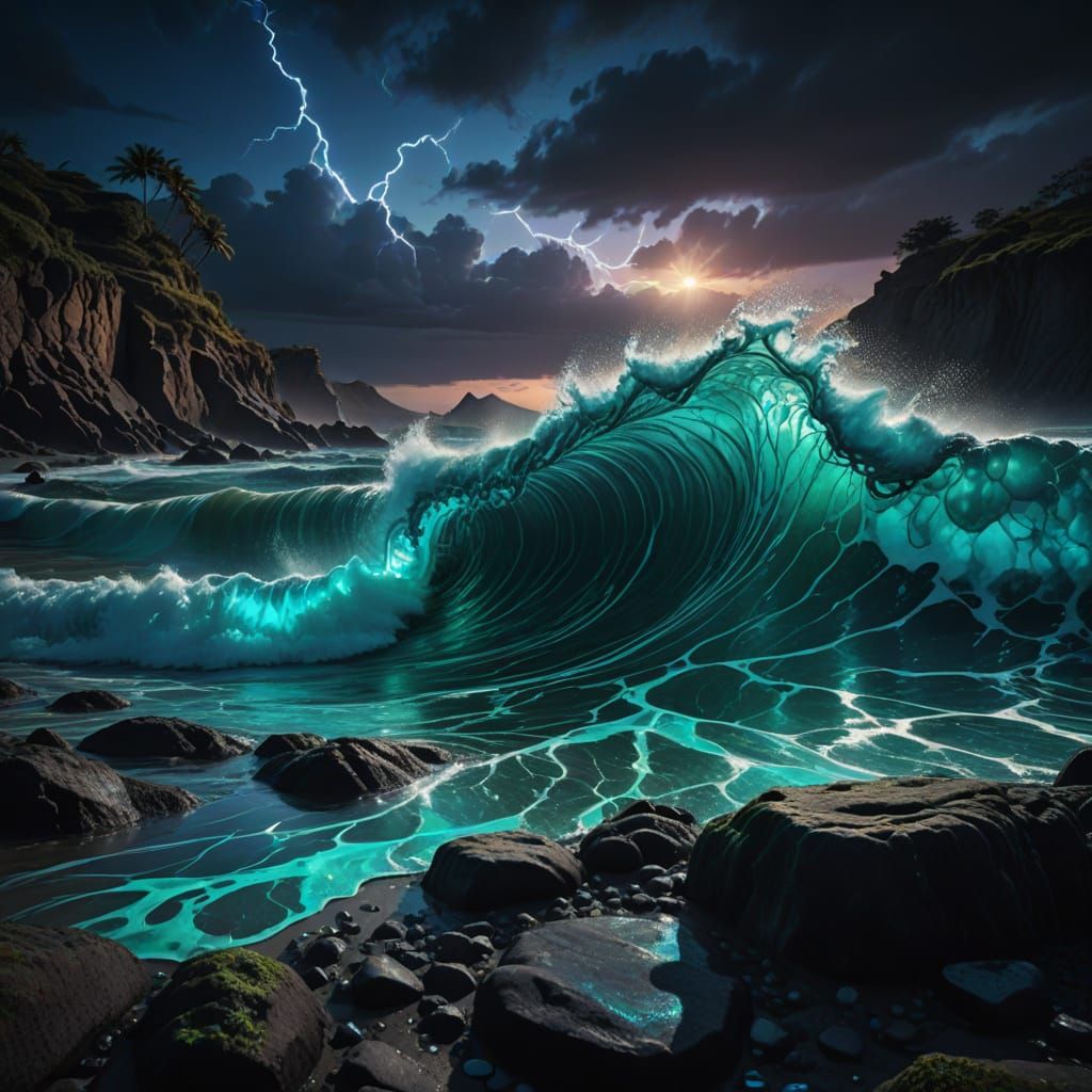 Ethereal Ocean Wave in Electric Blue and Teal Hues