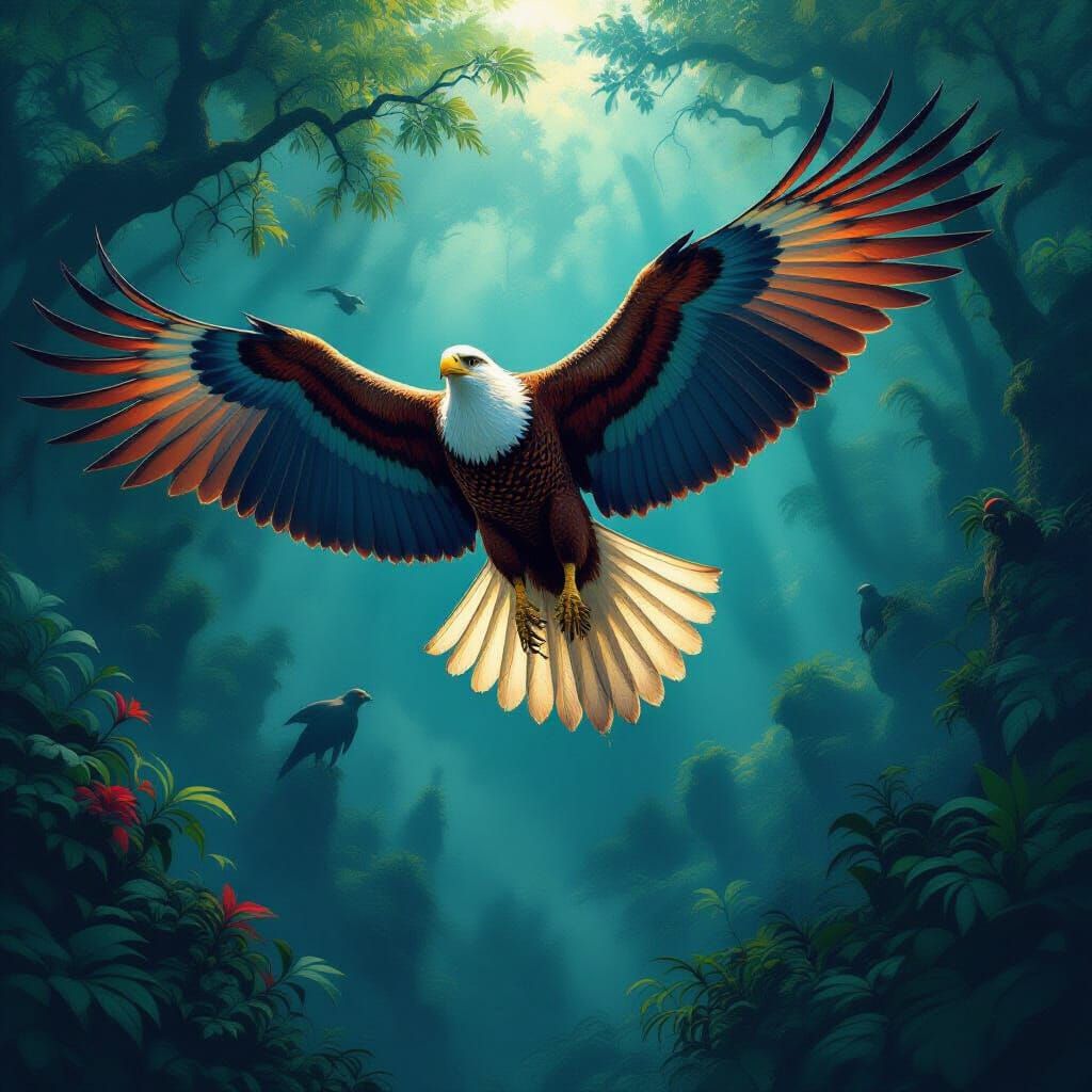 Luminescent Condor Soaring Over Gothic Forest