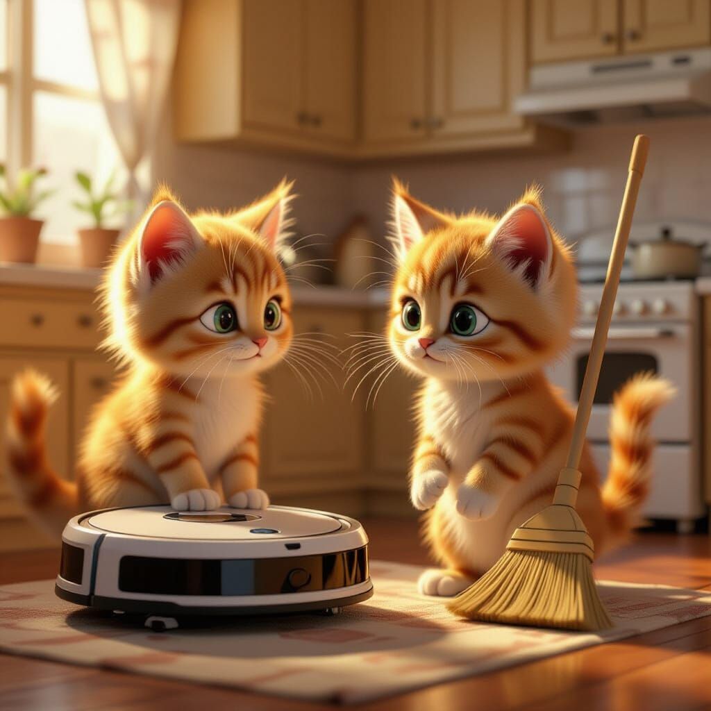 Robot Vacuum Meets Broom in Cozy Kitchen, Pixar Style