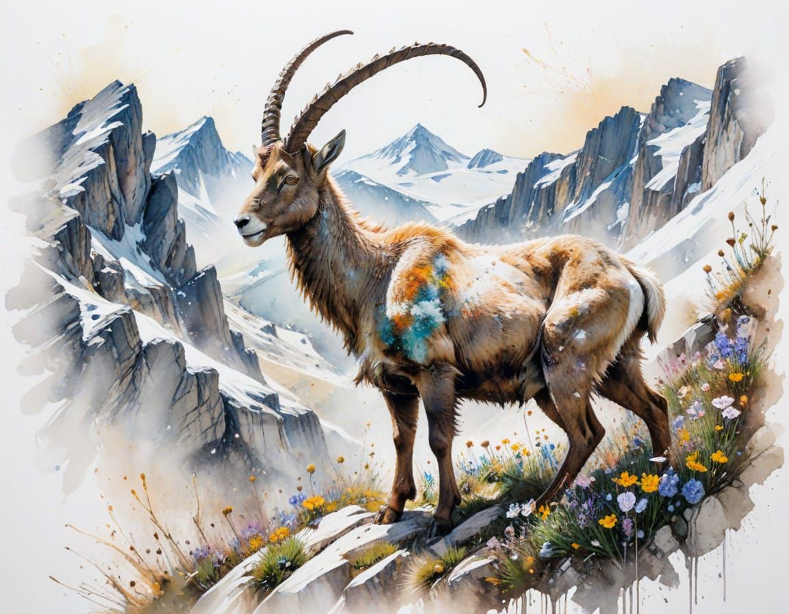 Mountain Ibex in Pastel Watercolour with Splatter