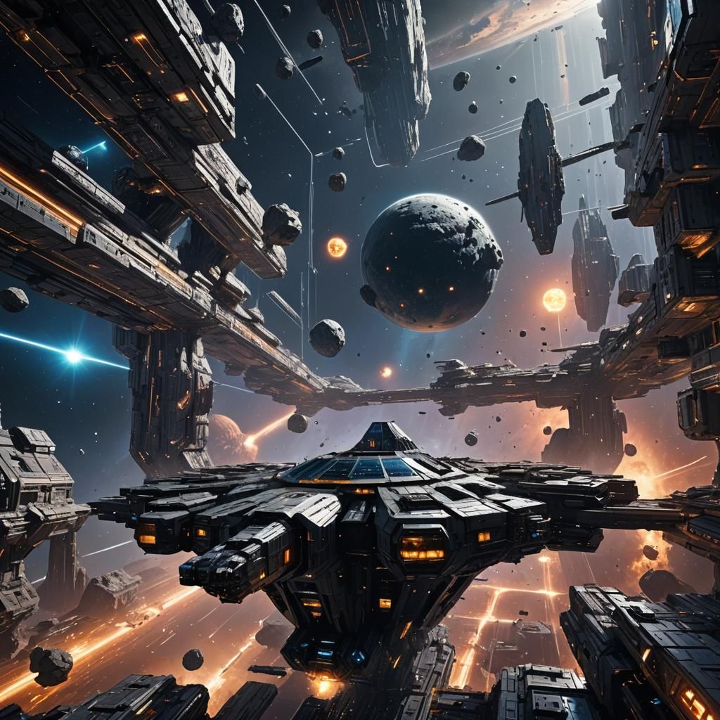 Futuristic Space Station Among Asteroids in Deep Space