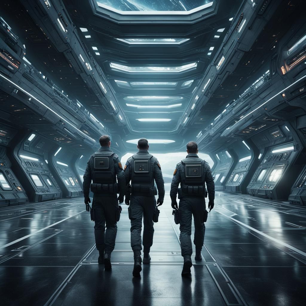 Security Guards on Patrol in Spaceport, Digital Matte Painti...