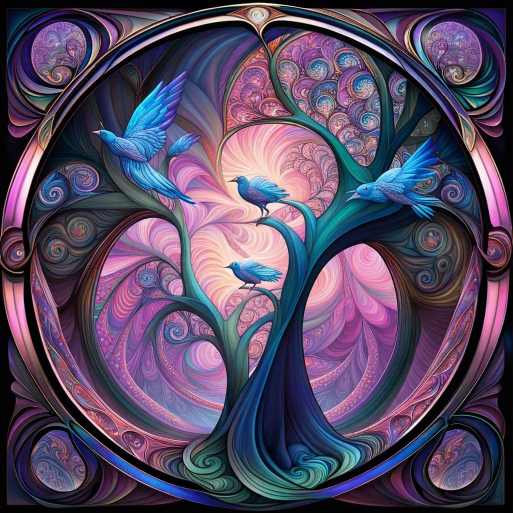 Magical Forest with Birds in Art Nouveau Style
