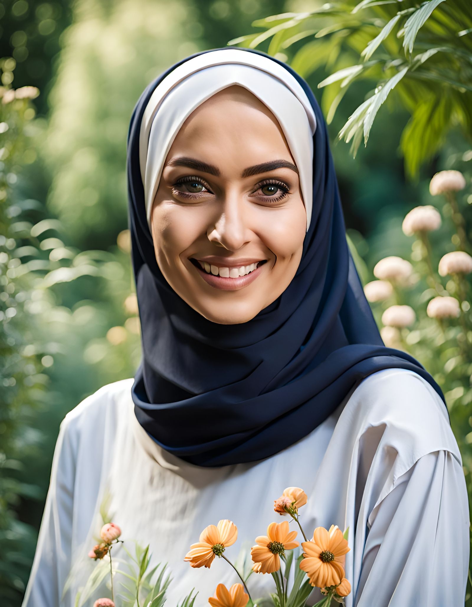 Elegant Hijabi Woman in Botanic Garden Oil Painting