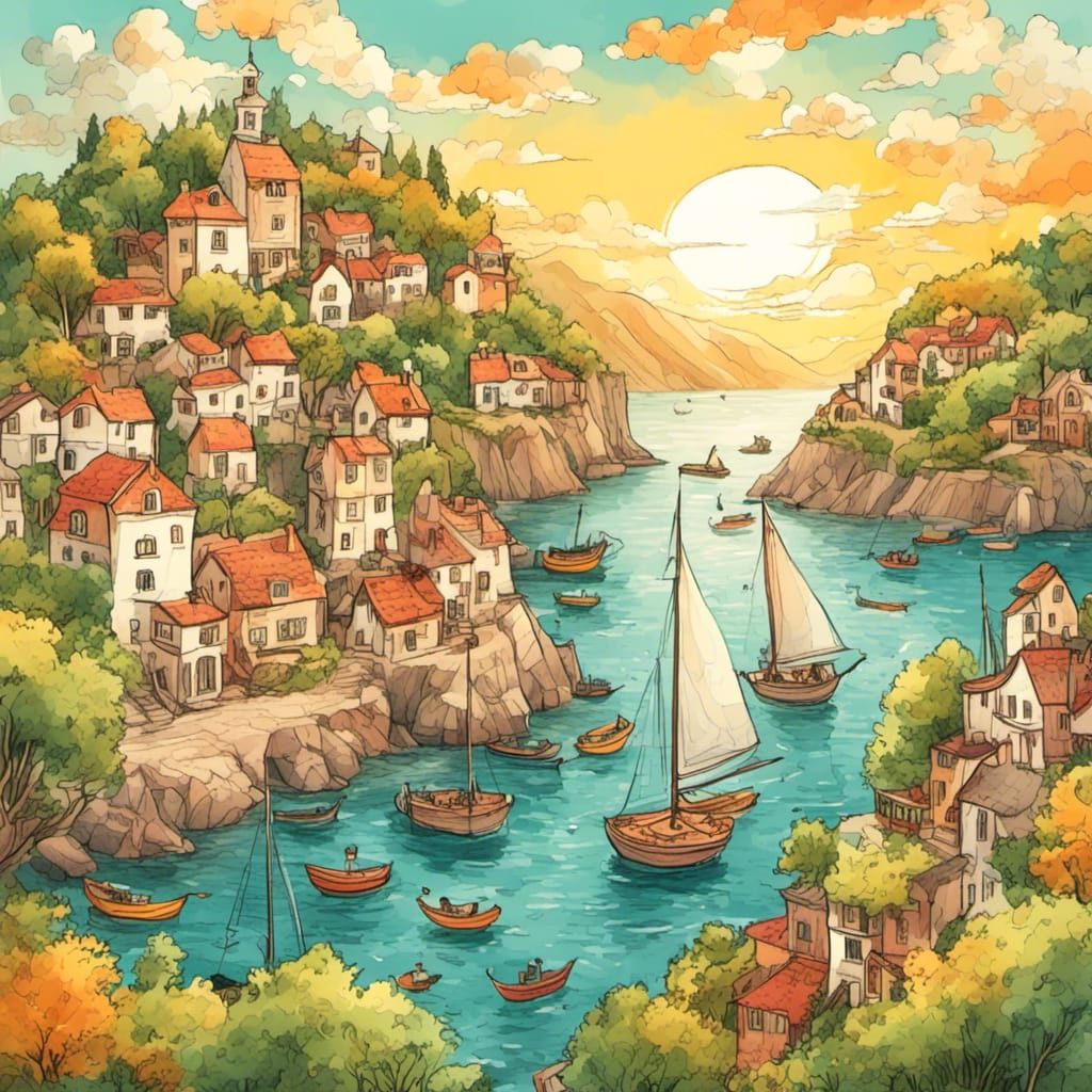 Fantasy Harbour with Sailboats in Children's Book Style