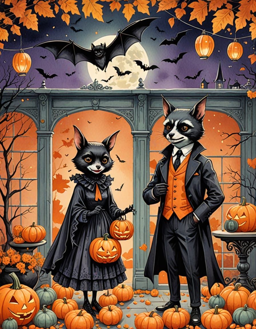Anthropomorphic Bats in Vintage Halloween Attire