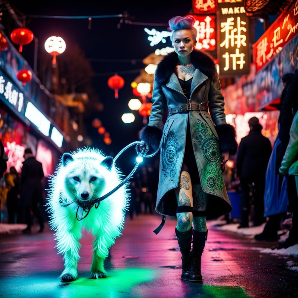 Steampunk Model Walks Neon City Streets