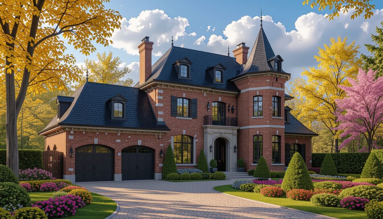 Grand Brick Chateau Amidst Vibrant Gardens in Golden Hour