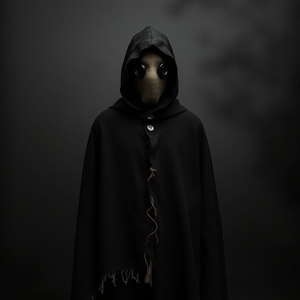 Noir Burlap Mask Figure in Black and Gray