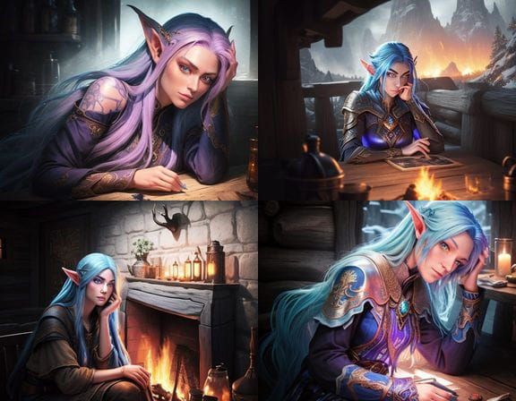 Night Elf Woman in Rustic Cabin with Seductive Expression