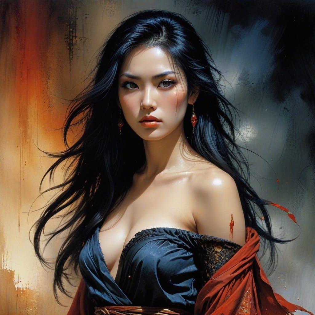 Elegant Japanese Woman in Moody Oil Painting