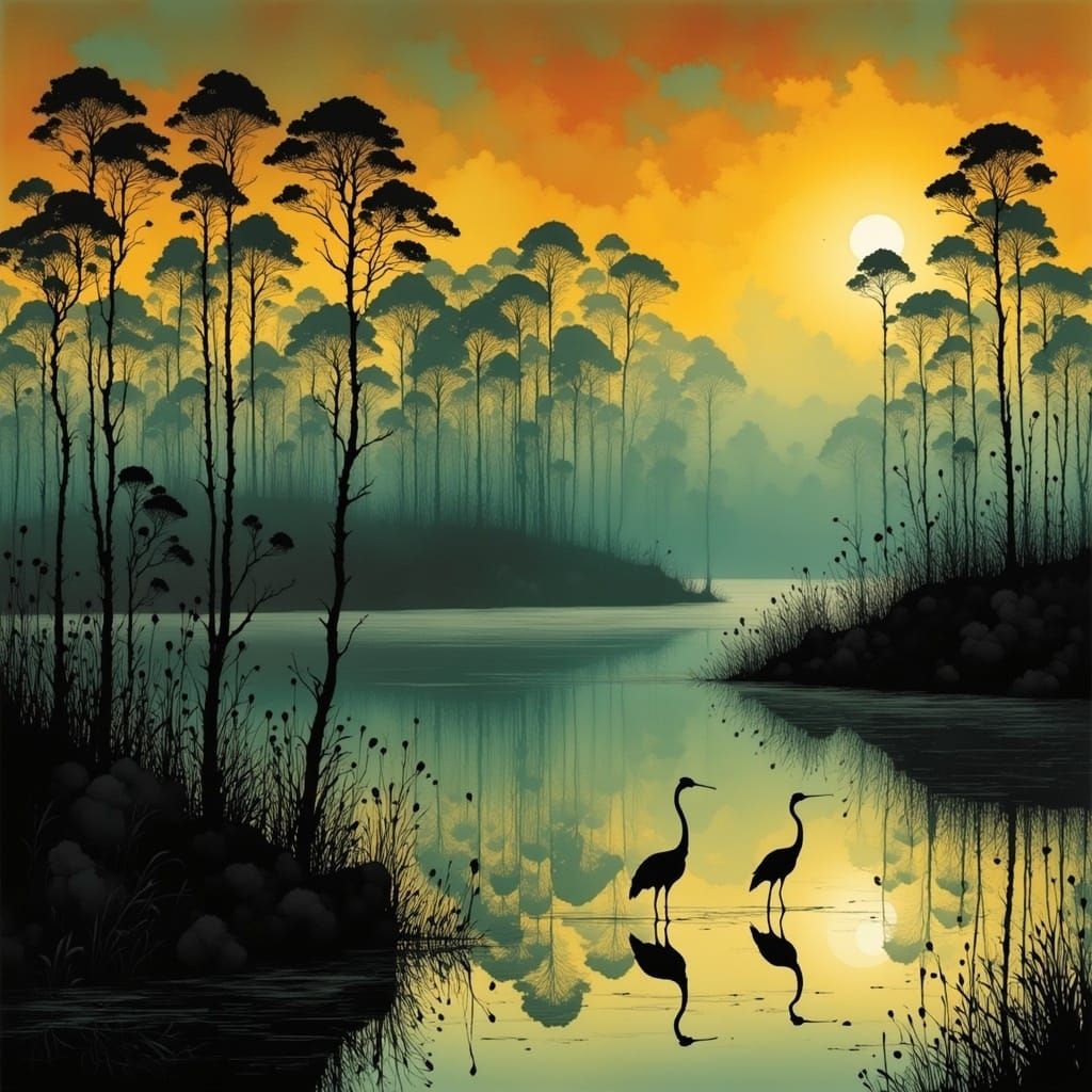 Ethereal Cranes in Evening Light, a Dreamy Landscape