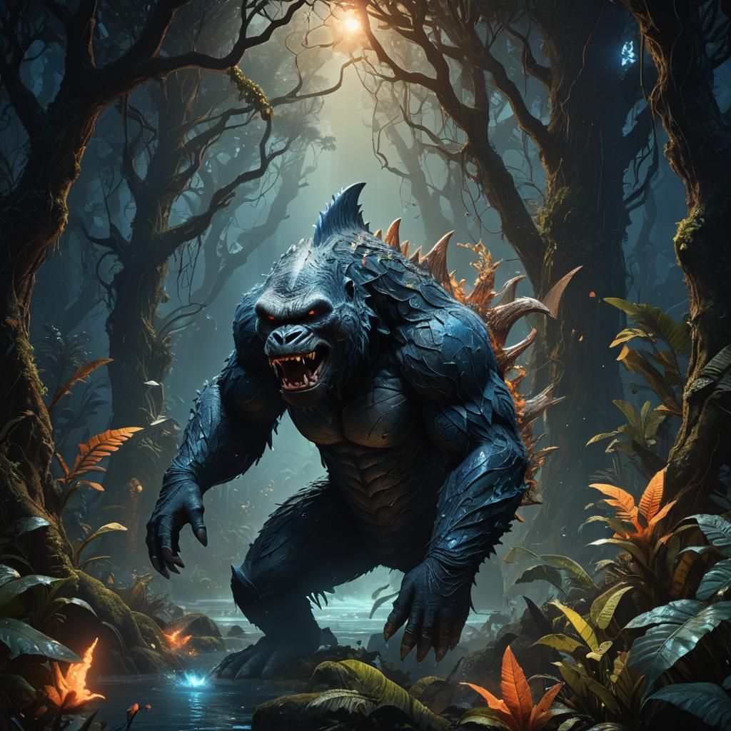 Shark-Gorilla Hybrid Beast in Mystical Forest