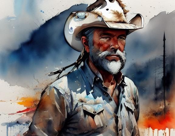 Cowboy Watercolor Portrait on the Prairie at Sunset