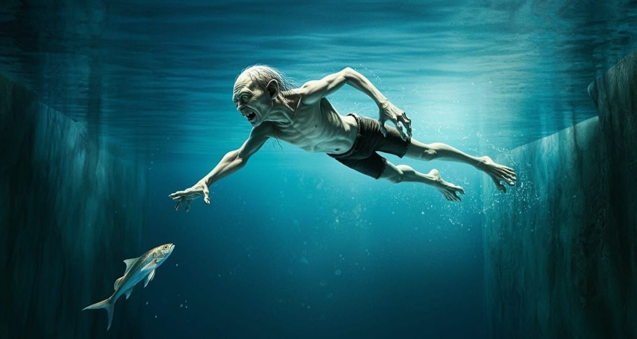 Gollum Dives for Fish in a Furious Splash of Water