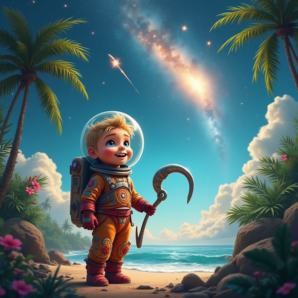 Astonished Boy in Astronaut Suit Admires Galaxy Landscape
