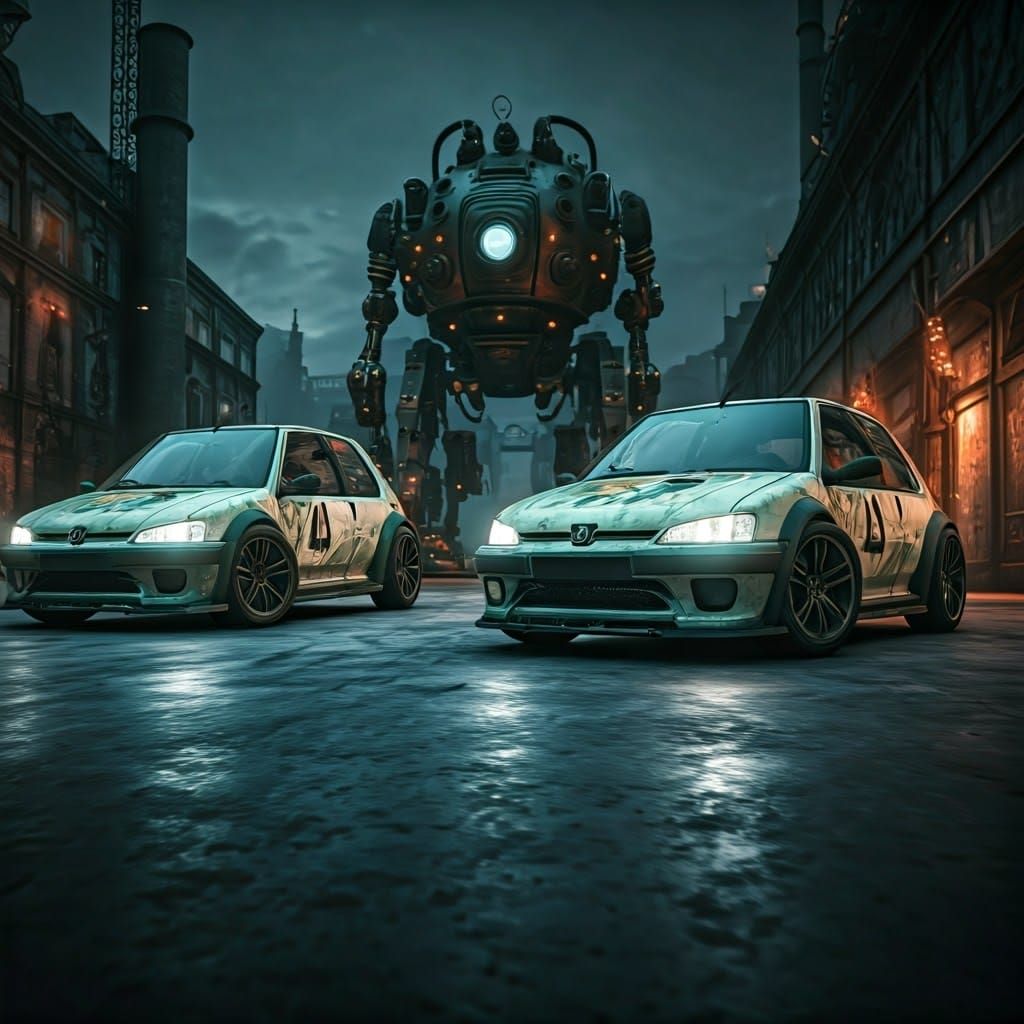Steampunk Racing Peugeot 106 in Futuristic Factory City