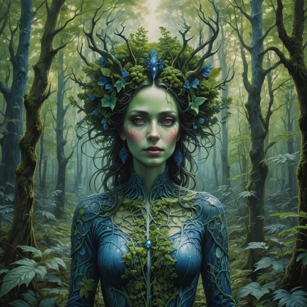 Green Lady in Blue Forest: Hyperrealistic Portrait